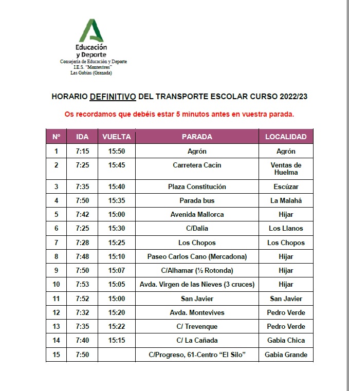 Horario transporte