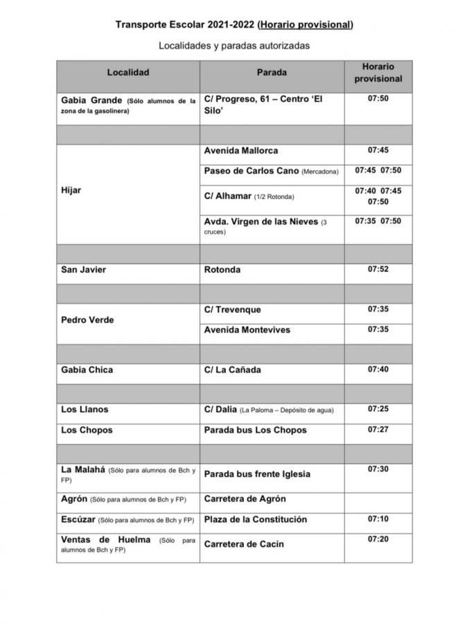 Horario provisional paradas del transporte escolar